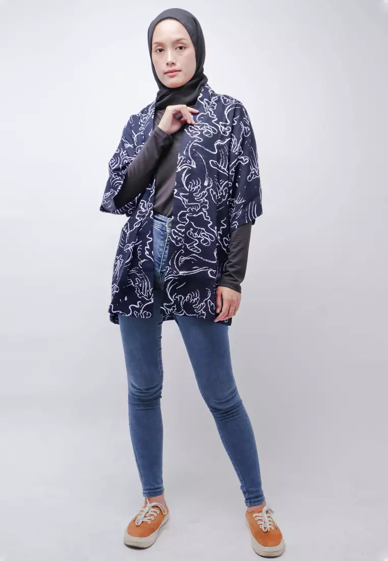 NTB03 KMN Kimono Outer Unisex Abstark 2 Navy Putih