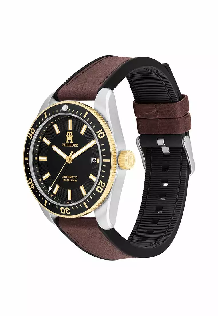 TH85 Men's Watch Brown Leather & Black Silicone Strap - Black Dial 1792142