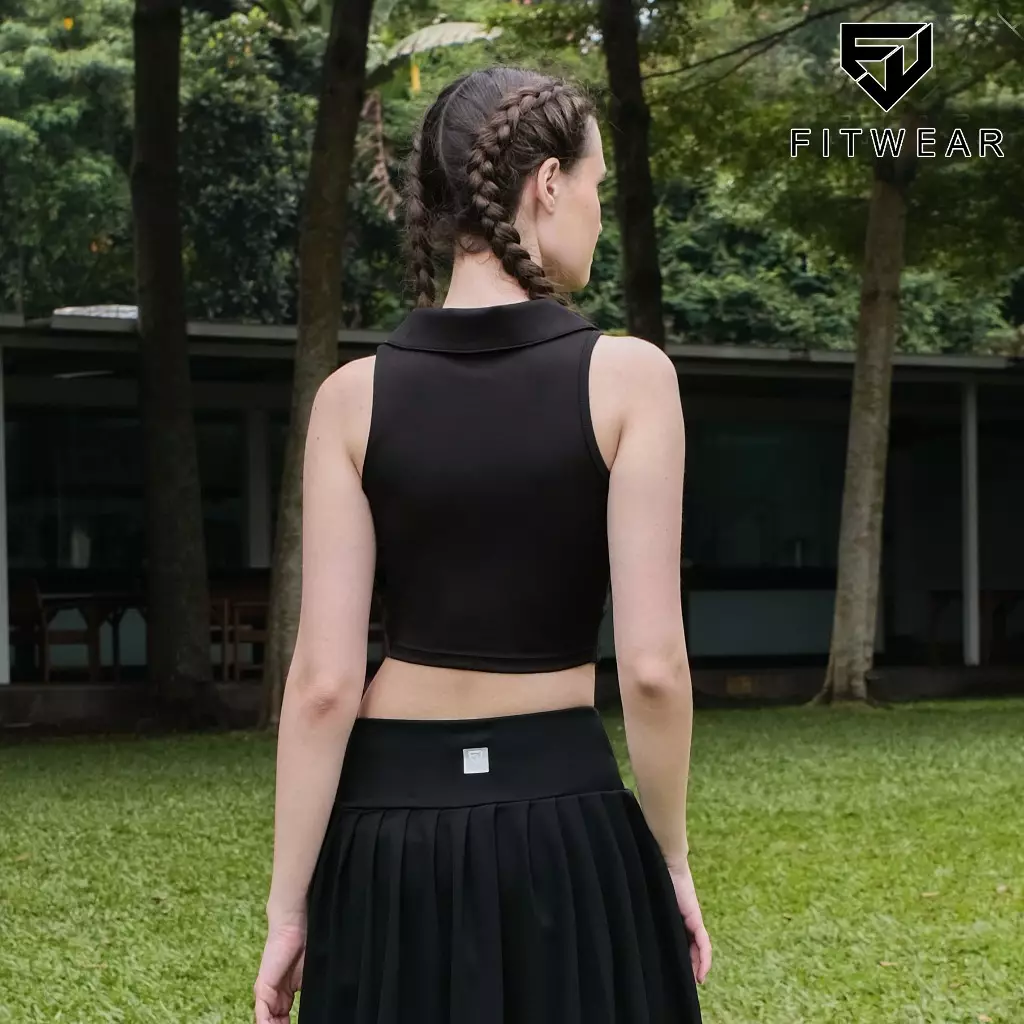 Fitwear Croptop + Sportbra Olahraga Padel Wanita MIKAYLA COLLAR 2in1 - BLACK