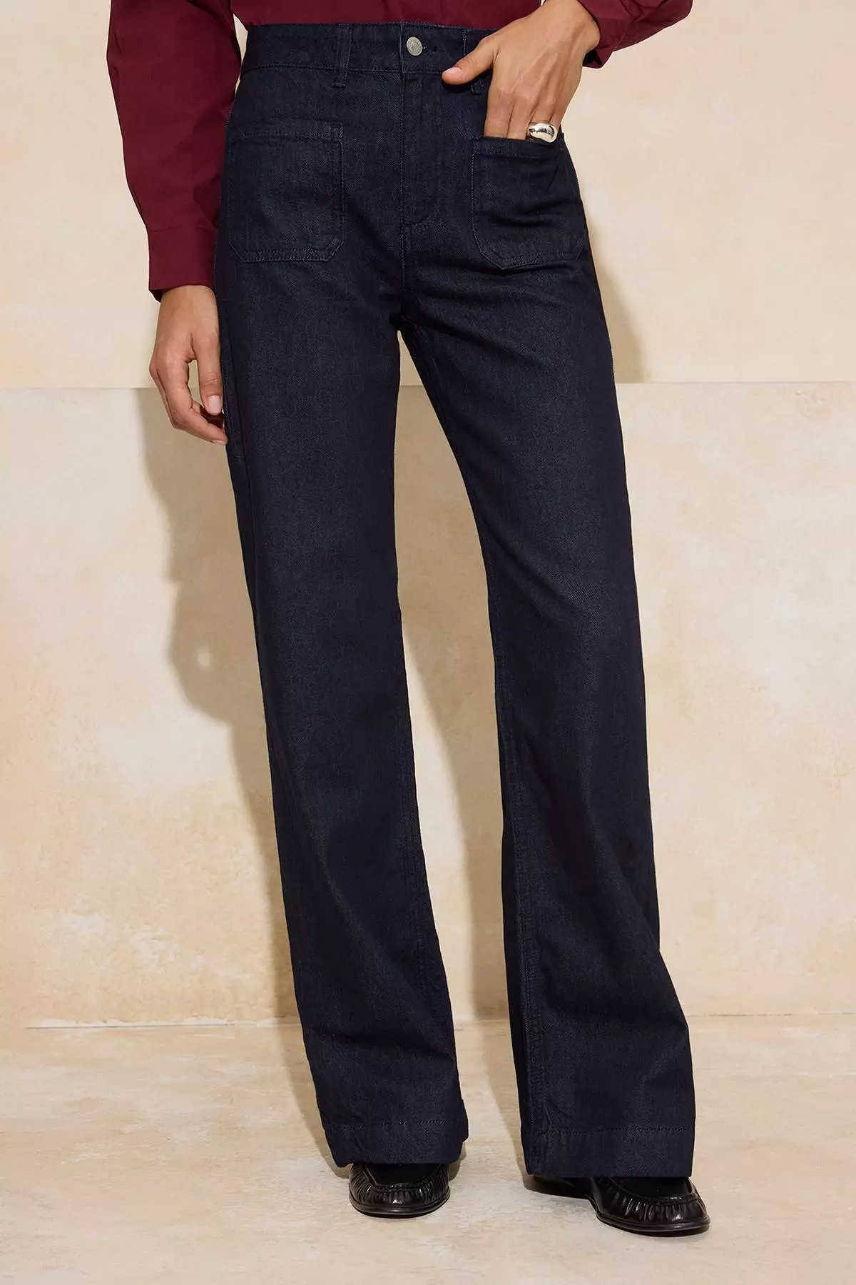 Navy Blue High Waist Pocket Detailed Raw Wide Leg Jeans Twoaw26Je231