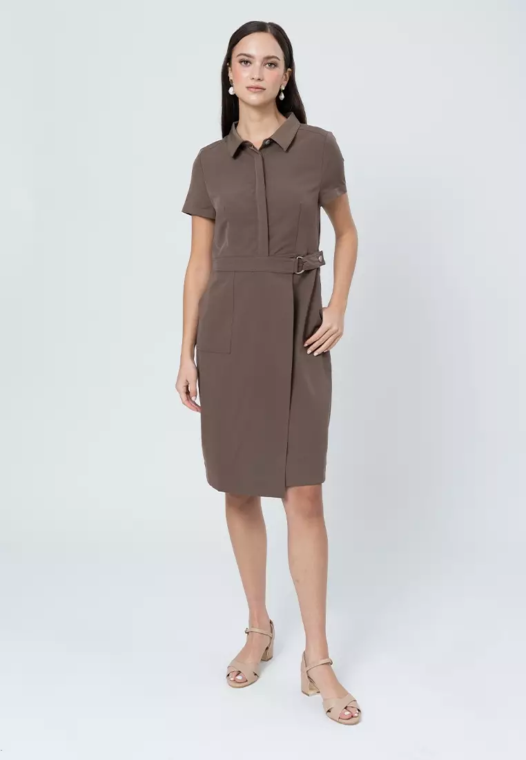 Maire Shift Dress with Structured Wrap Skirt Detail and D-Ring Accent