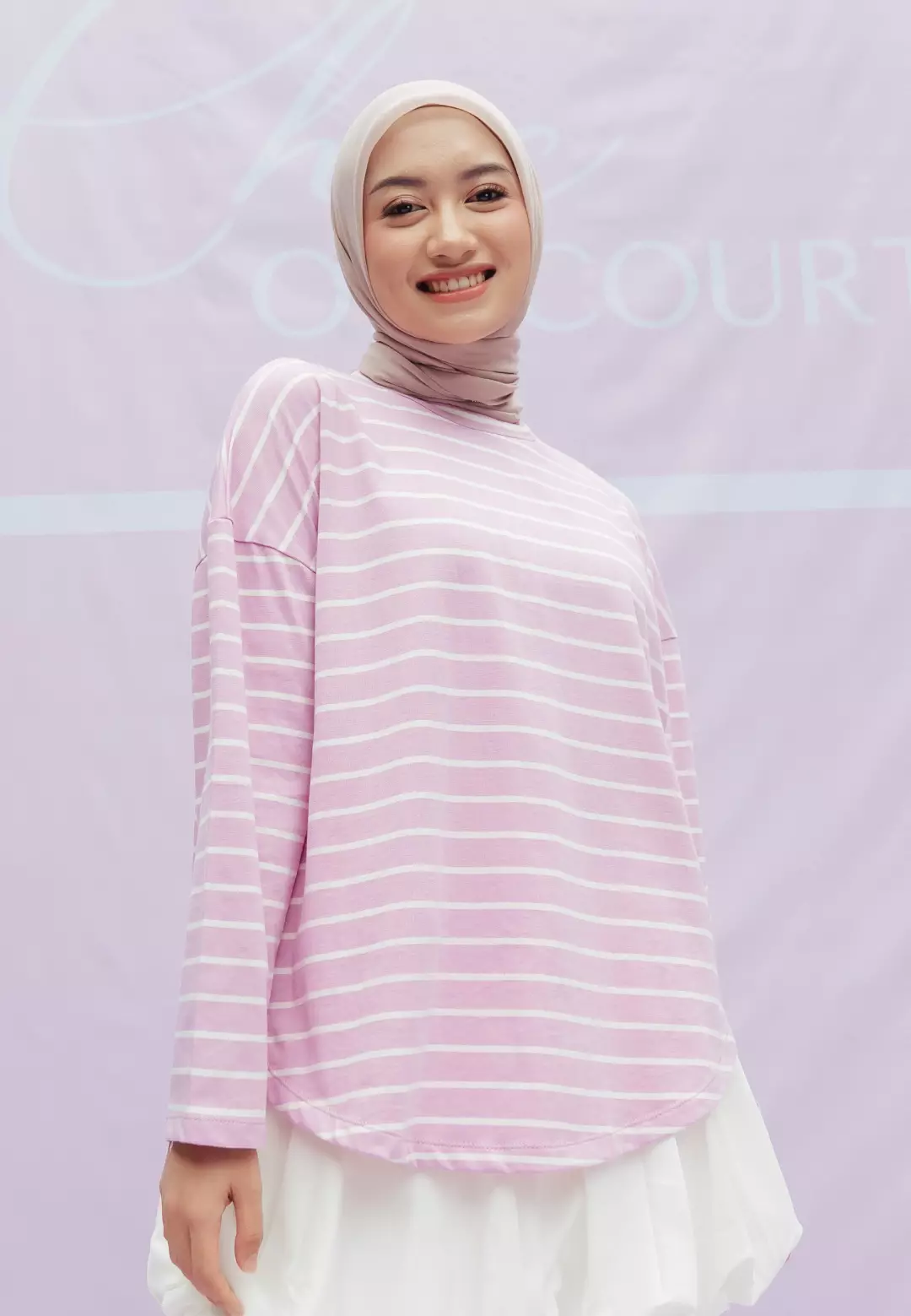 HijabChic Mayumi Stripe Tops Dusty Pink and White - Kaos Stripe Muslim Kasual Oversized Best Seller