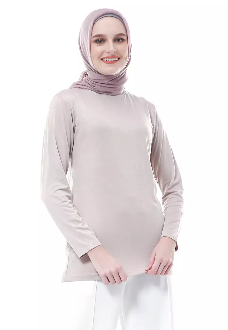 Zlora Manset Atasan Wanita Motif Polos Long Sleeve Reguler Fit - Warm Grey