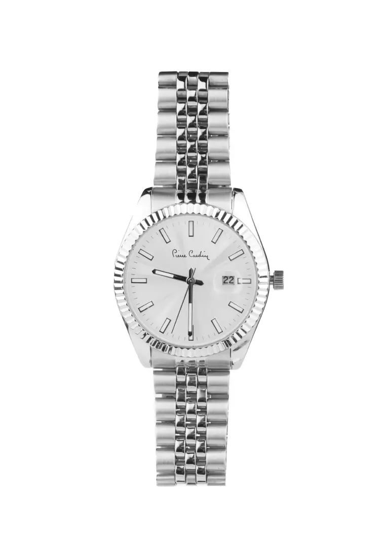 Roli Stainless Steel Date Watch with Fluted Bezel in White