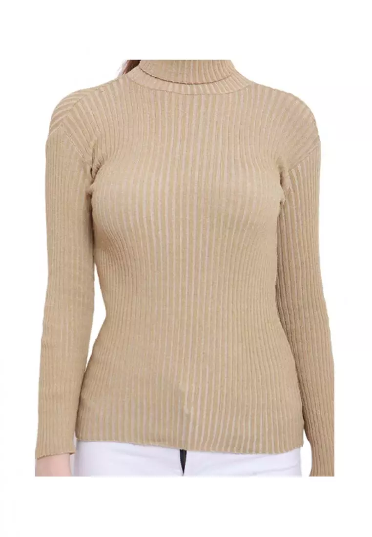 Misel Sweater Rajut Turtle Neck Long Sleeves Atasan Ribbed Wanita - Mocca