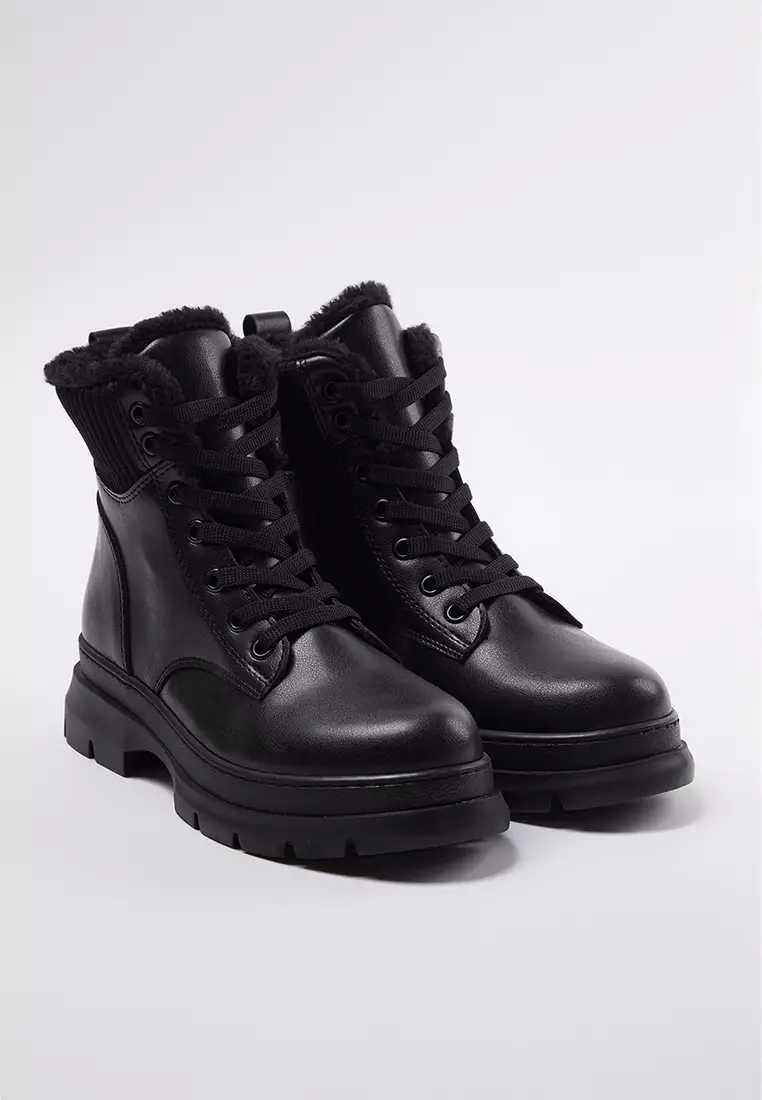 Black Fur Detailed Lace Up Women's Boots Takaw25Bo00027