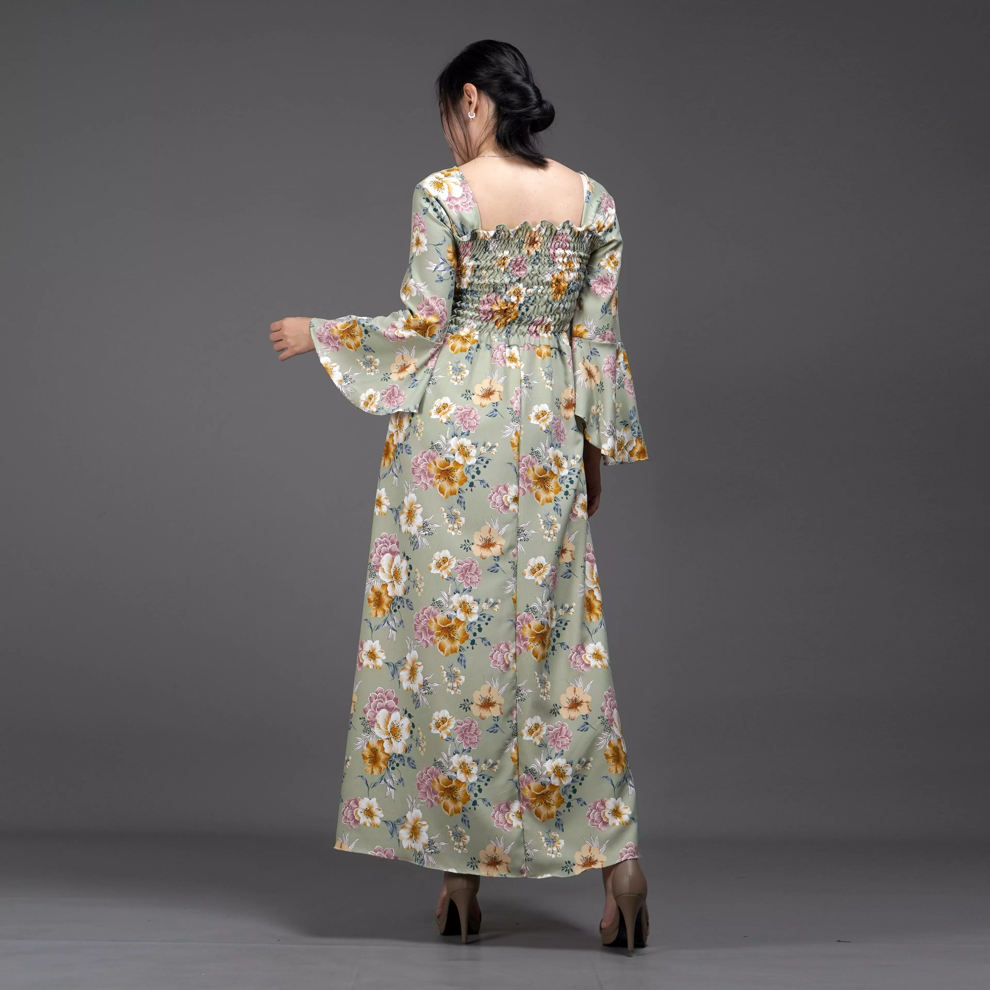 CLOVERIA Long Dress Motif Bunga Gaya Korea Dress Wanita Korean Style - Mint