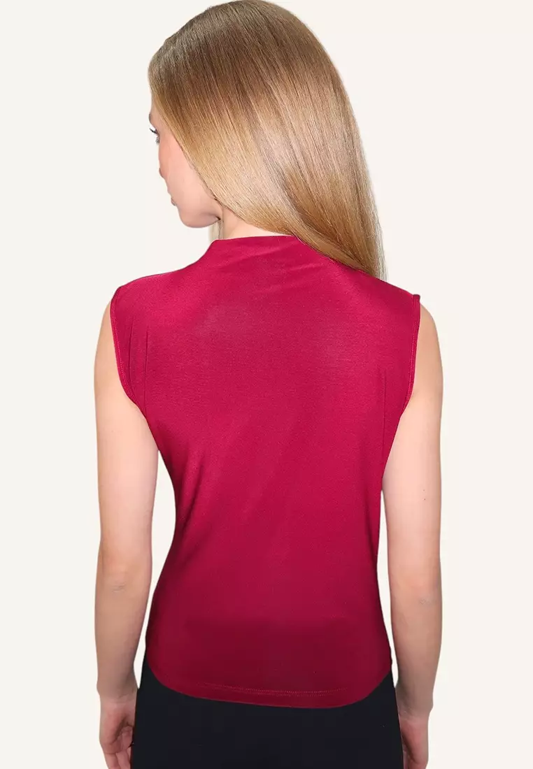 Women's Burgundy Stand Collar Shoulder Draped Sleeveless Sandy Blouse Alc-X10021