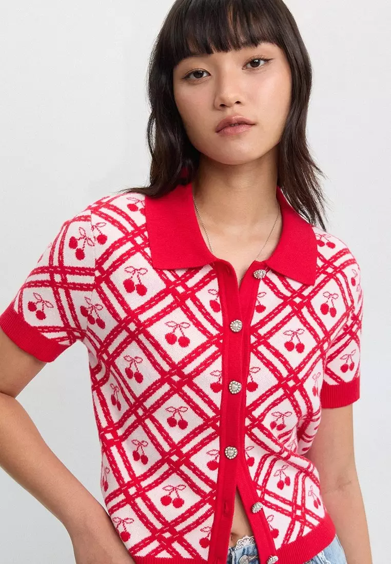 Lace Trim Buttoned Knit Top - Red