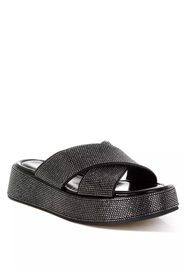 Rhinestone Embellished Flatforms In Black