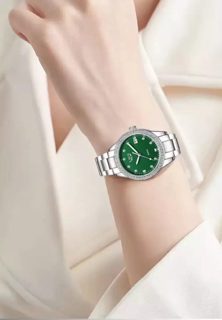 女士輕質合金石英錶，附日期顯示，34 毫米，鑲有水晶，綠松石色錶盤，不鏽鋼錶帶