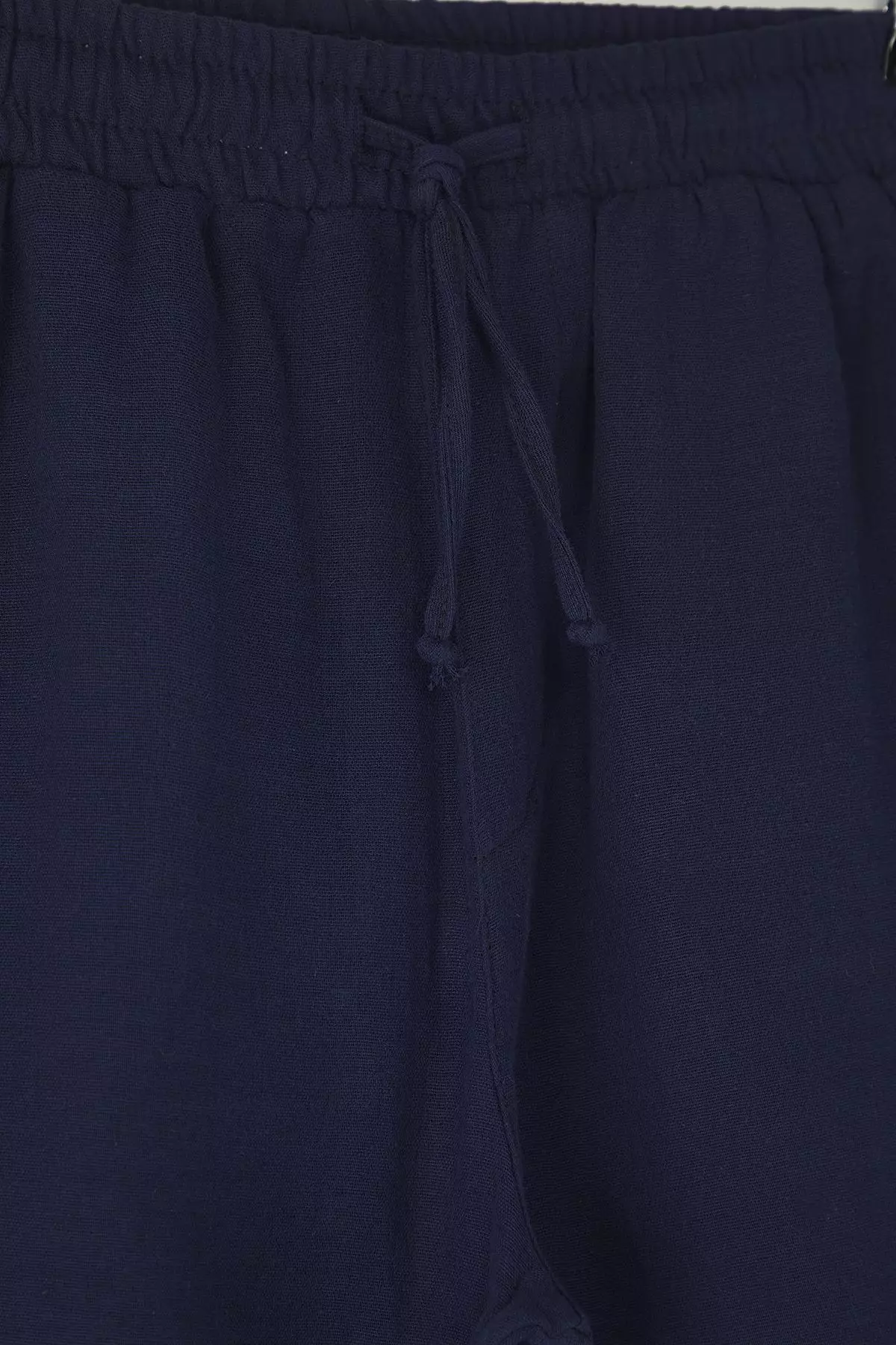 Navy Blue Regular Fit Muslin Fabric Linen Look 100% Cotton Shorts TMNSS25SR00059