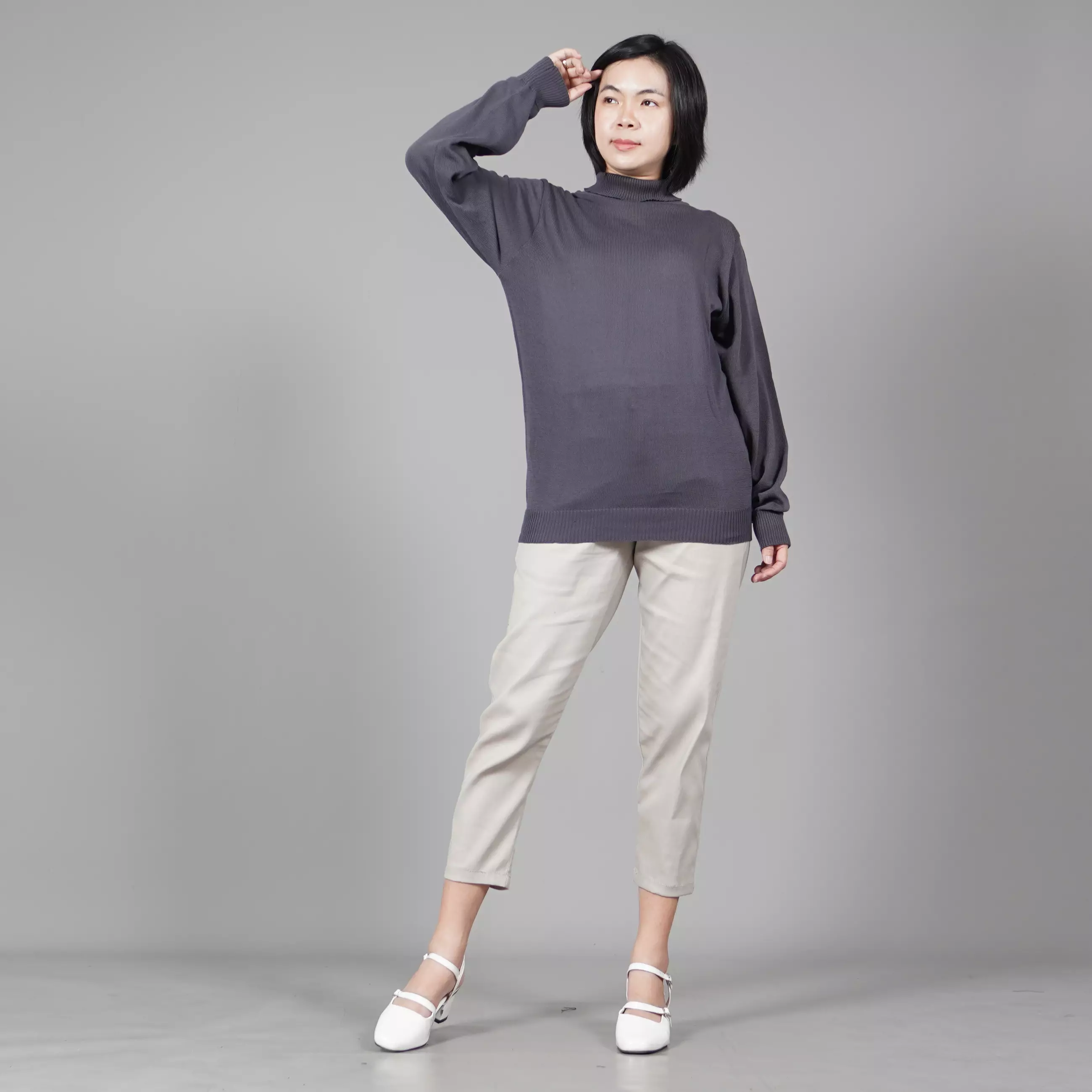  JEHOON High Neck Knit Outer Wanita Knit Turtle Neck Wanita Sweater Rajut - ABU TUA