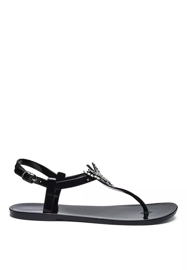 Discount on London Rag  shoes - SKU: Butterfly T Strap Clear Flat Sandals In Black