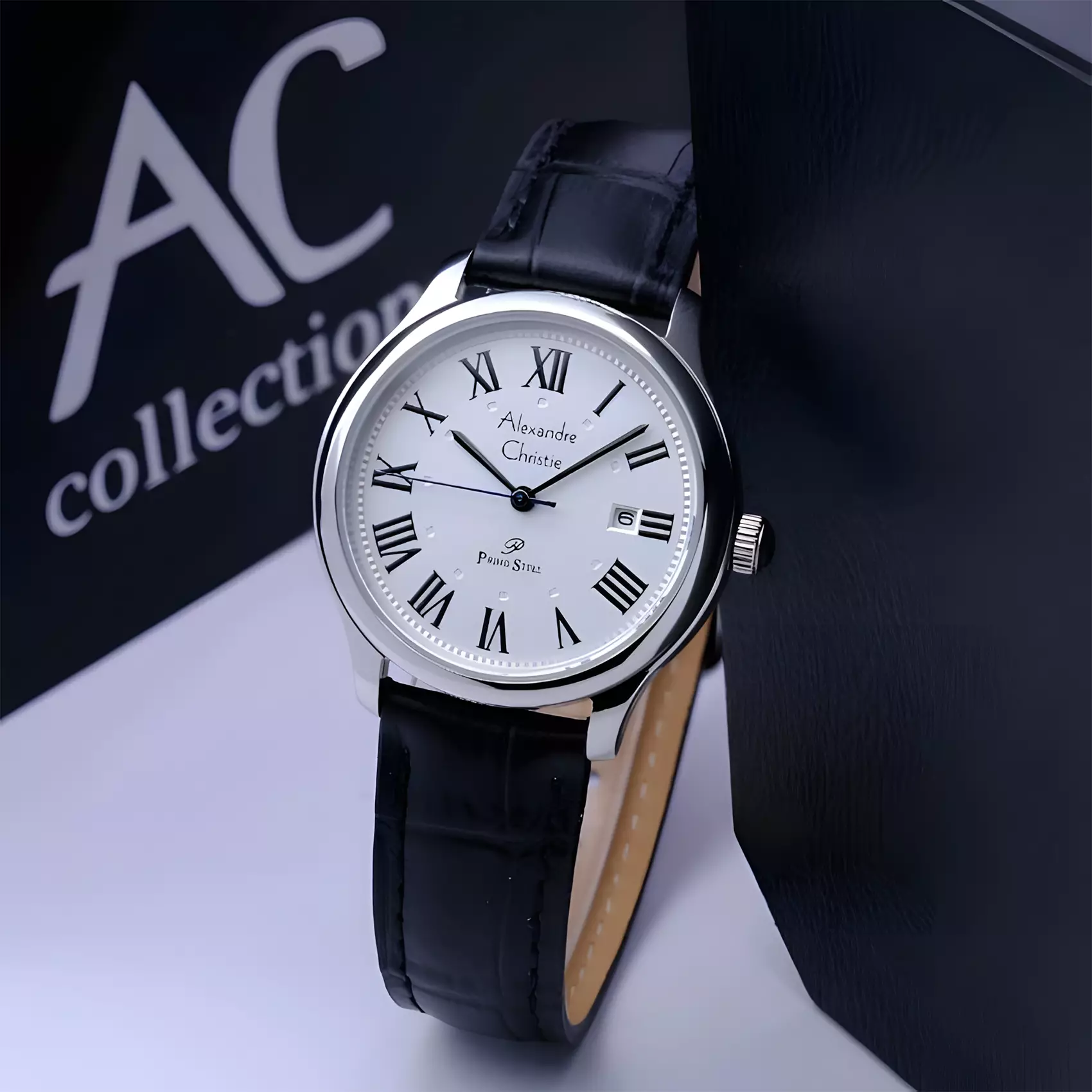 Alexandre Christie Primo Steel - Jam Tangan Couple Pria Wanita - Silver Case - Black Leather Strap - 1042 MLDLSSSL