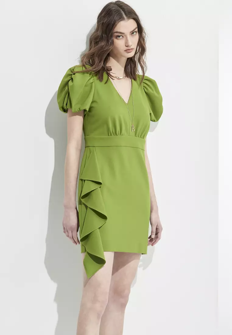 V-Neck Fitted Short Dress With Ruffle Detail