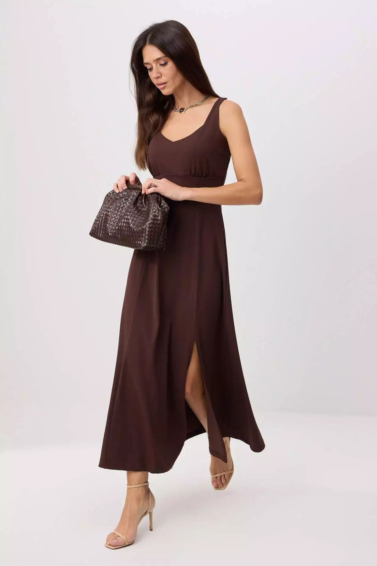 Brown A-Line/A Bell Form Sweetheart Neck Sleeveless Maxi Scuba Crepe Knitted Dress Twoss26El00262