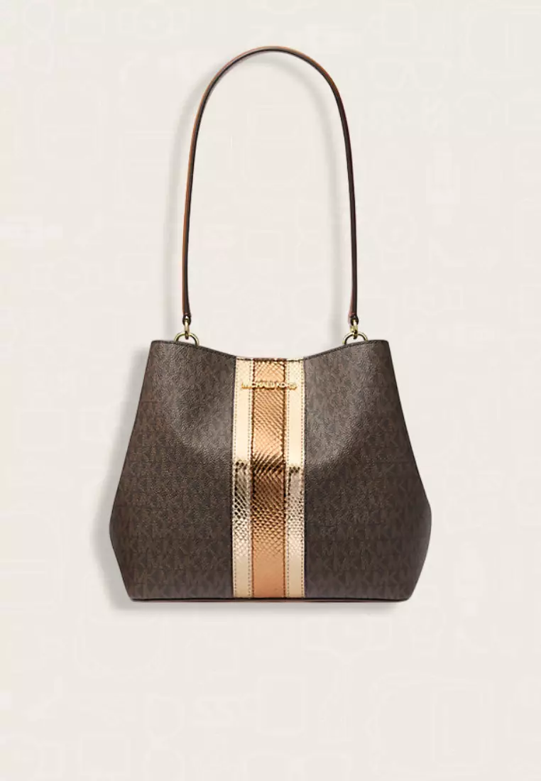 Michael Kors Pratt Medium Signature Logo and Metallic Shoulder Bag Brown