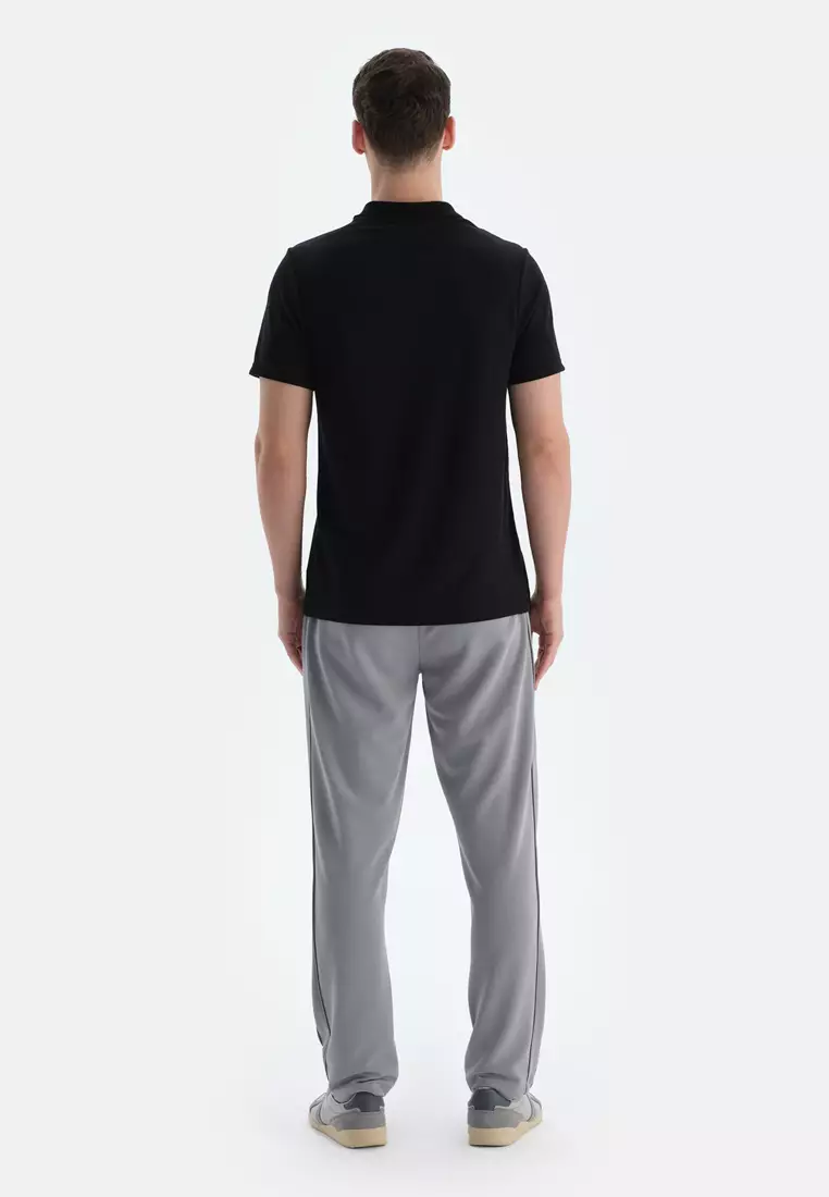 Black T-Shirt, Logo, Button-down Collar, Regular, Short Sleeve Activewear for Men