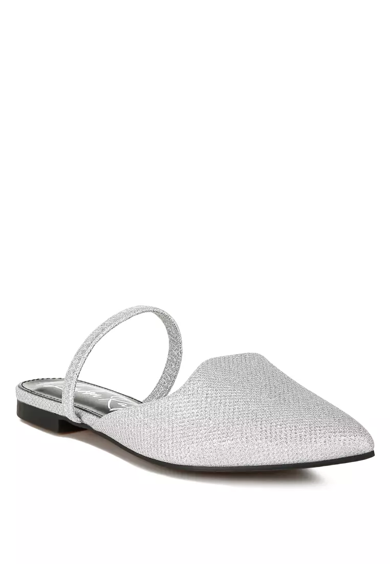 Glitter Faux Leather Flat Mules in Silver