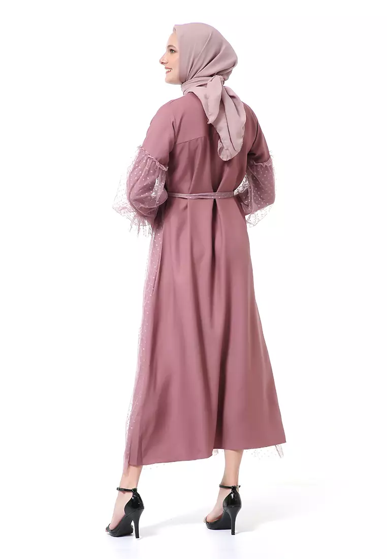 Varsha Dress Wanita Long Sleeve Motif Polos Polkadot High Quality - Opera Mauve
