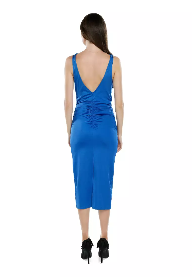 Royal Blue Sleeveless Draped Knee Length Dress