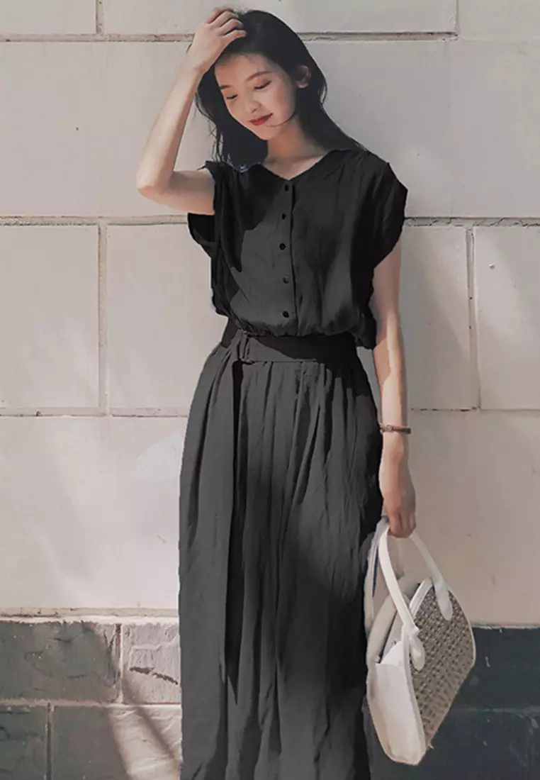 Chiffon Long Short Sleeve Cardigan Style One-Piece Dress A22022532BK