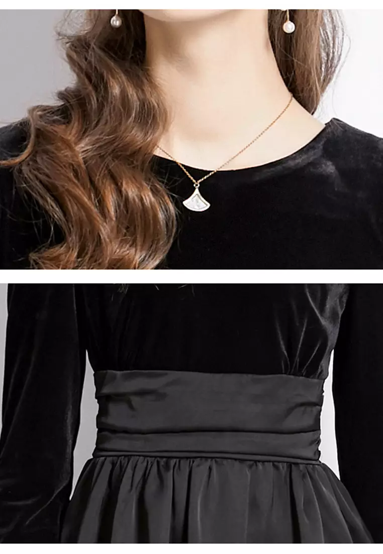 氣質宴會晚禮服黑色絲絨連衣裙CA092623