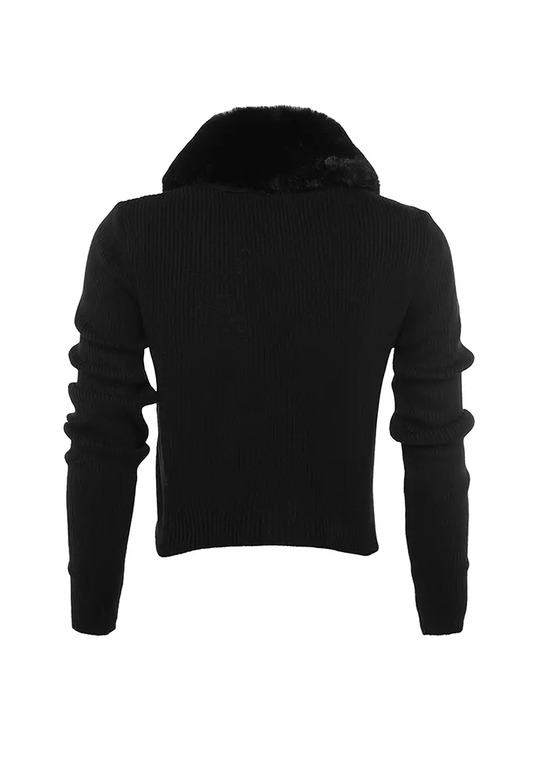Faux Fur Collar Knitted Cardigan