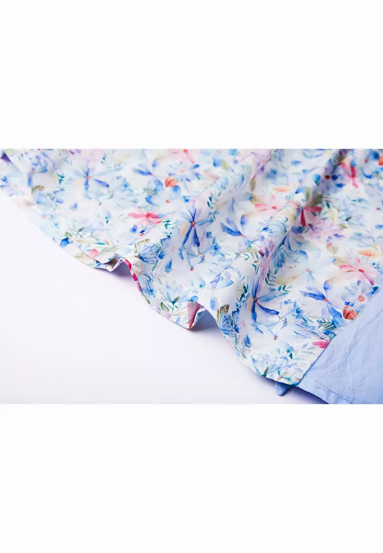 Baby Kids Girl Blue n Pink Flower Cheongsam Dress w Double Bowties n Side Voile Design