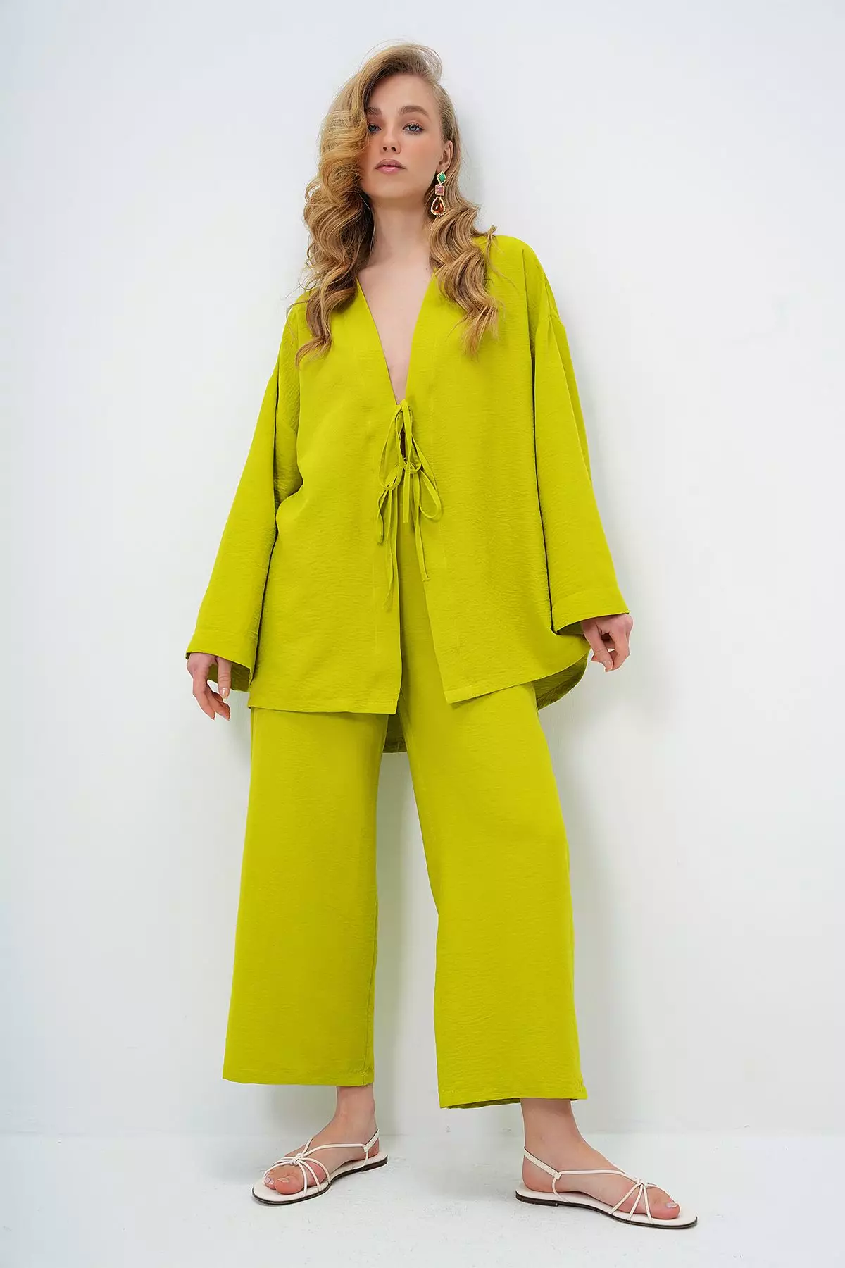 Women's Oil Green Lace-Up Kimono Jacket And Palazzo Pants Set Alc-X12452