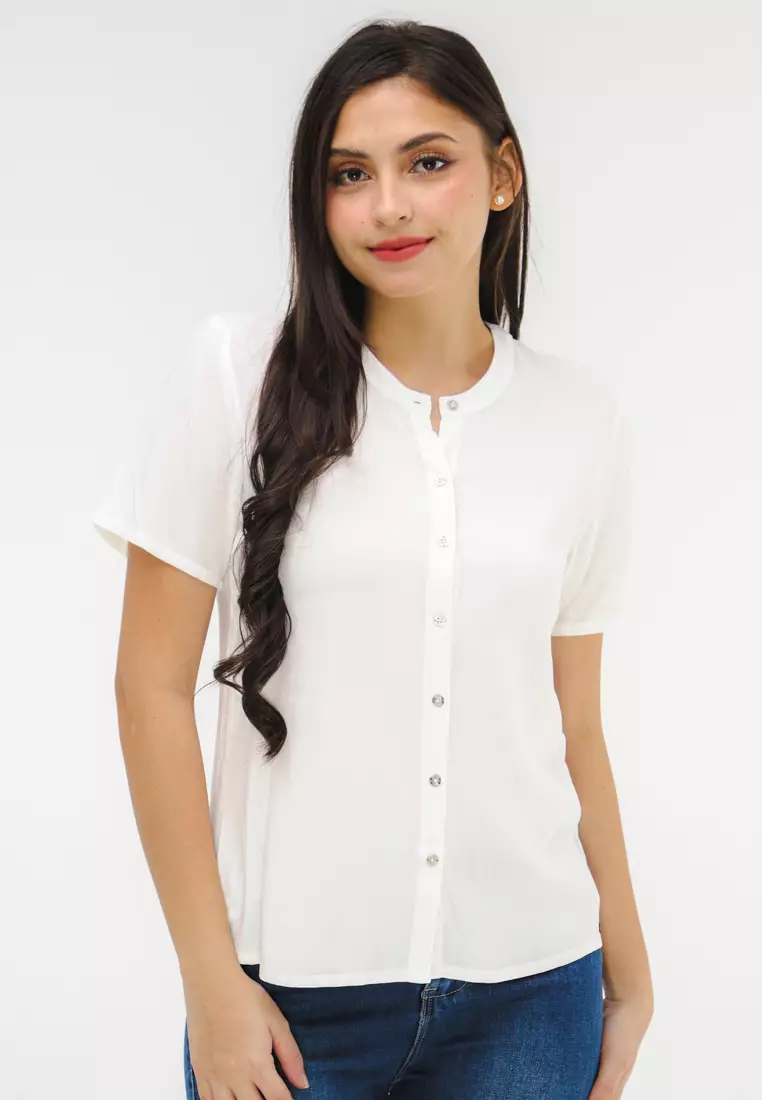 Woven Plain Rayon Short Sleeves Blouse