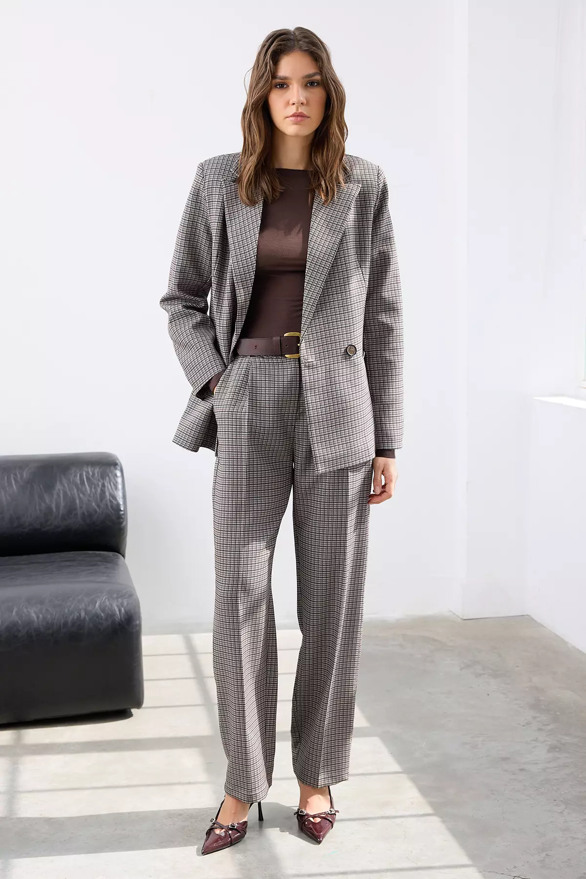 Brown Houndstooth Patterned Regular/Normal Pattern Woven Blazer Jacket