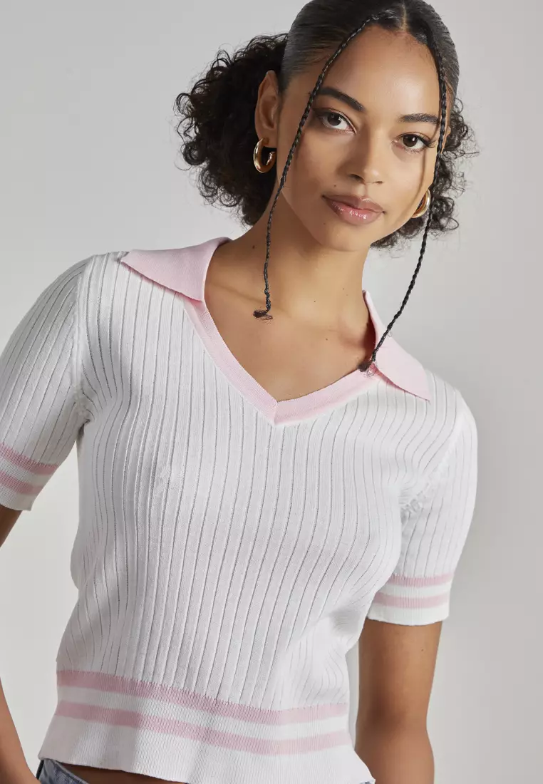 Pink Vanilla Ivory/Pink Collared Sports Stripe Knitted Top