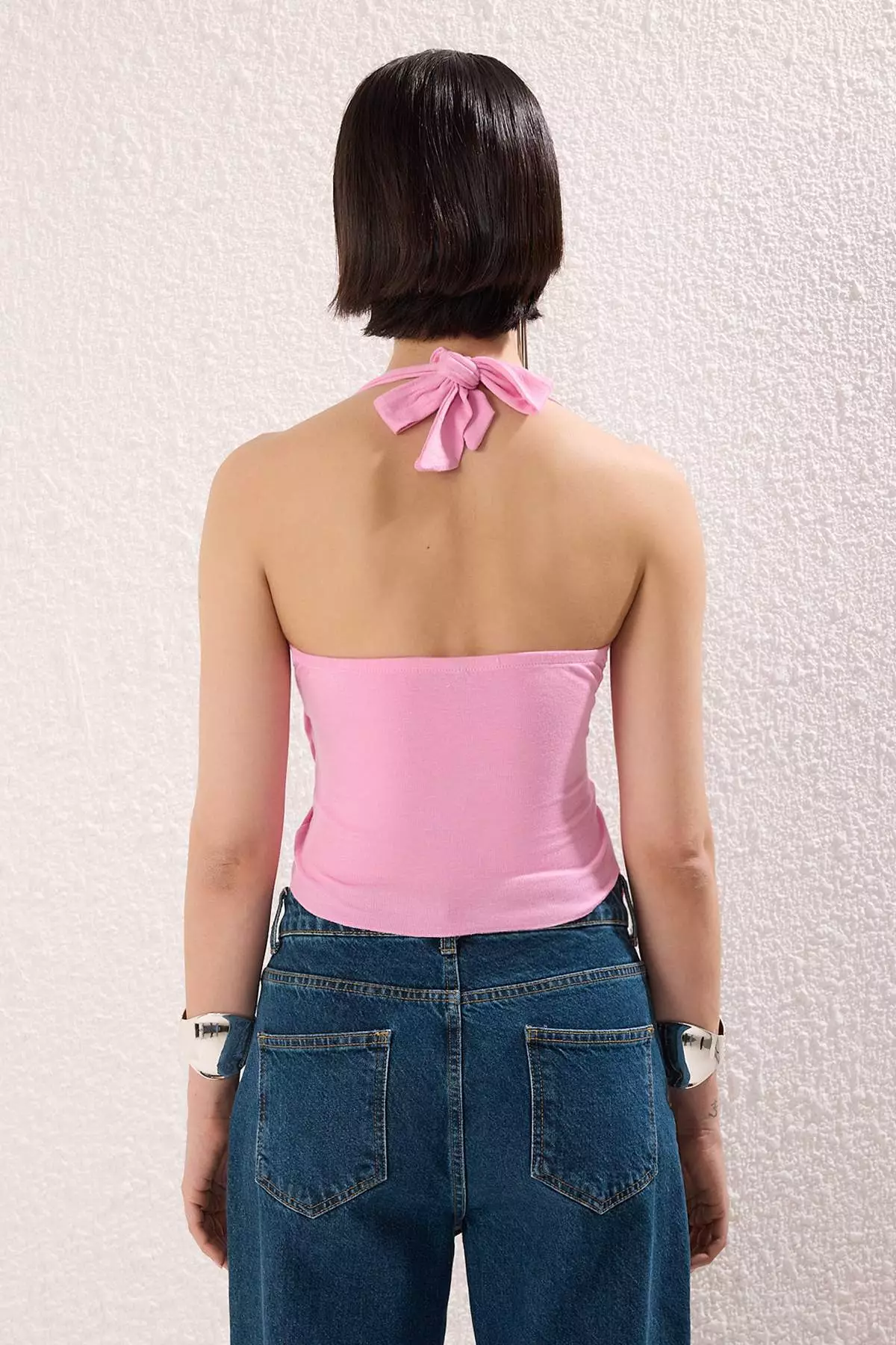 Light Pink Straight Halter Neck Sleeveless Knitted Viscose Single Jersey Party Blouse Tprss25Bz00048