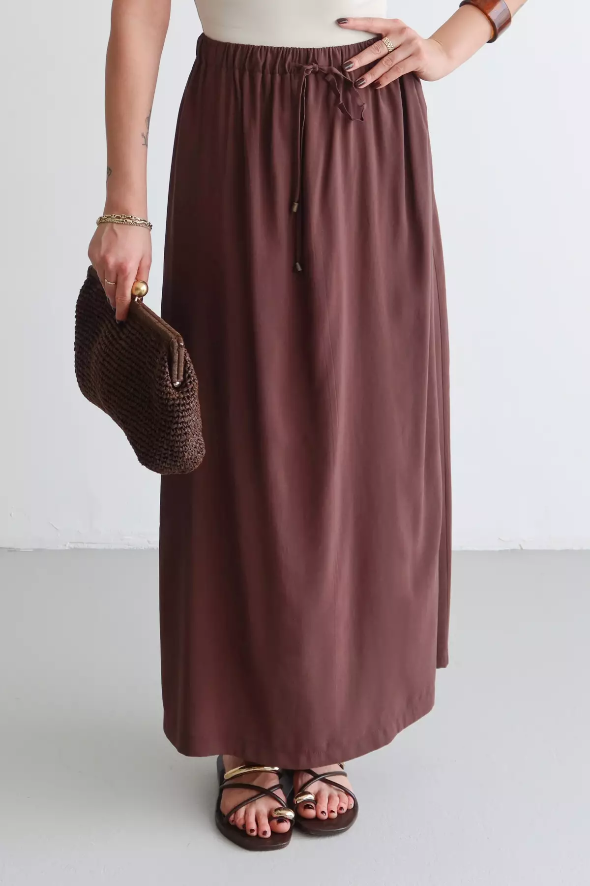 Dark Brown Modal Elastic Waist Long Maxi Skirt Twoss26Et82