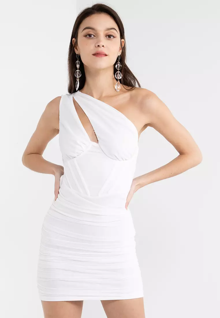 One Shoulder Ruched Cut Out Mini Dress