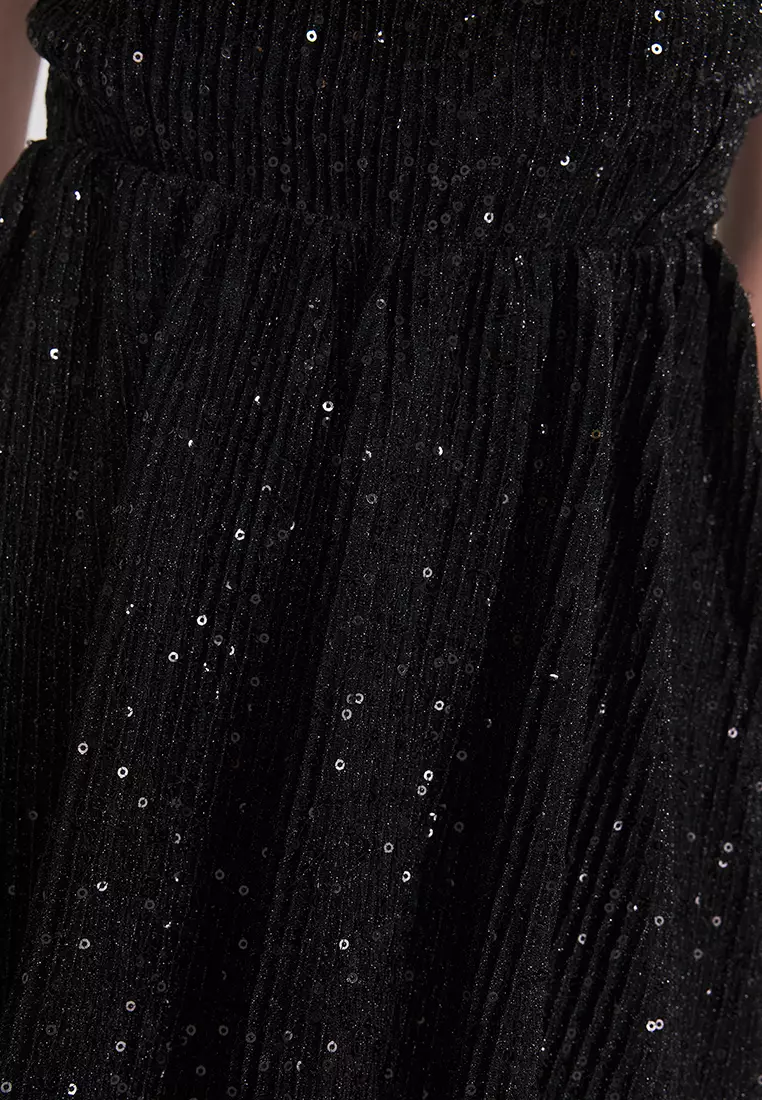 Black Sequin Mini Evening Prom Dress with Open Waist Skirt TPRSS25EL00286