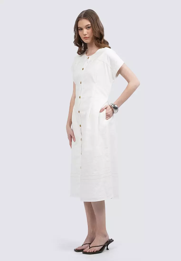 Round Neck Short Sleeve Midi Dress OFF WHITE