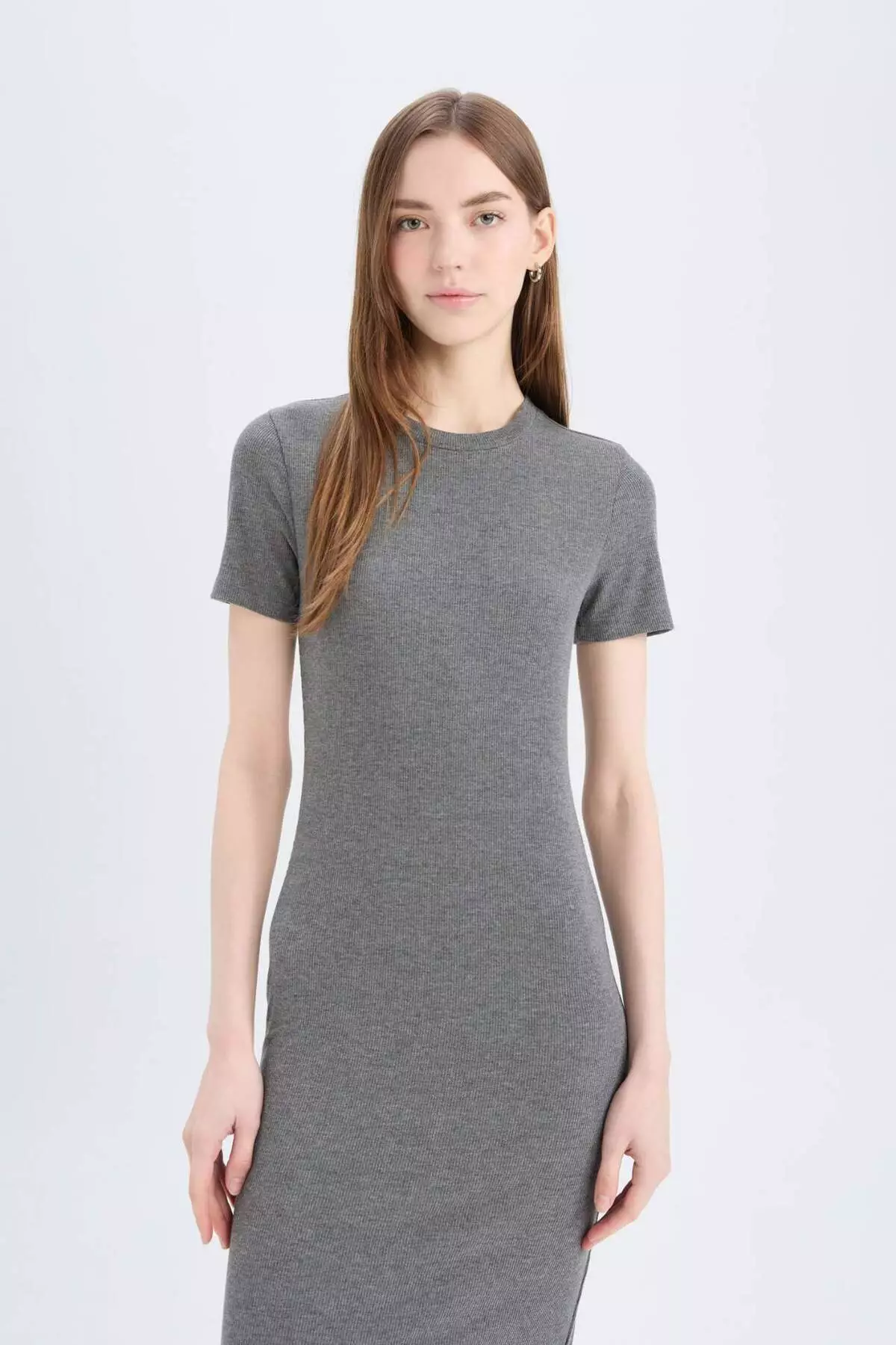 Bodycon Body Hugging Crew Neck Basic Plain Ribbed Camisole Short Sleeve Midi Dress E6926Ax25Sp