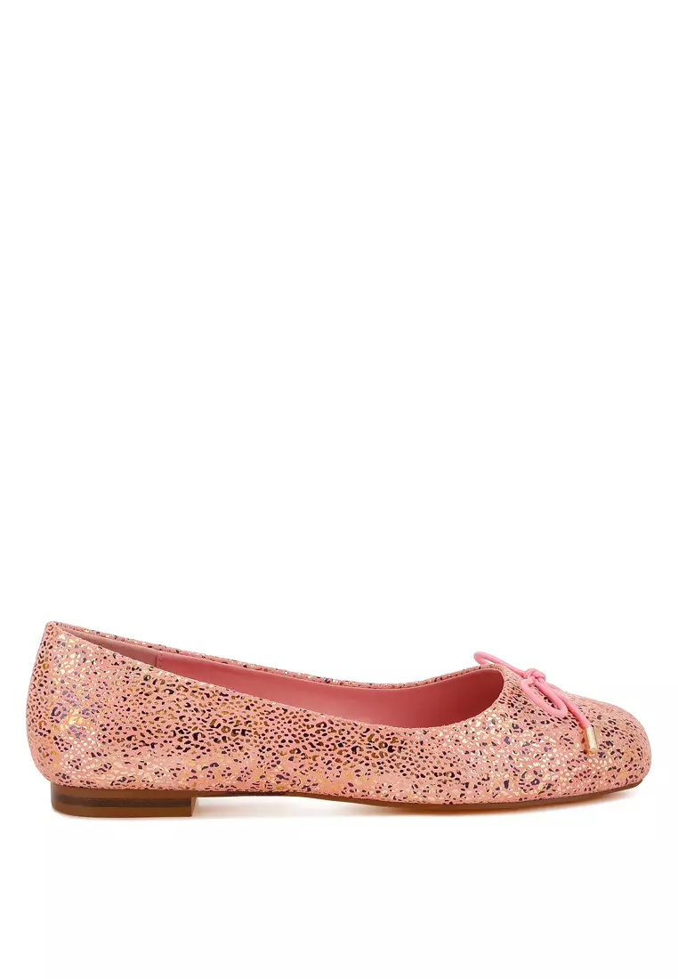 Bow Detail Embossed Suede Ballerinas Pink