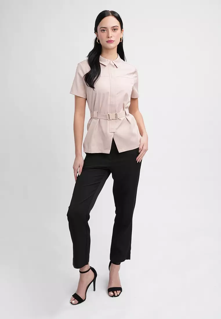 Sophia Belted Collared Top - Short Sleeve Button Blouse