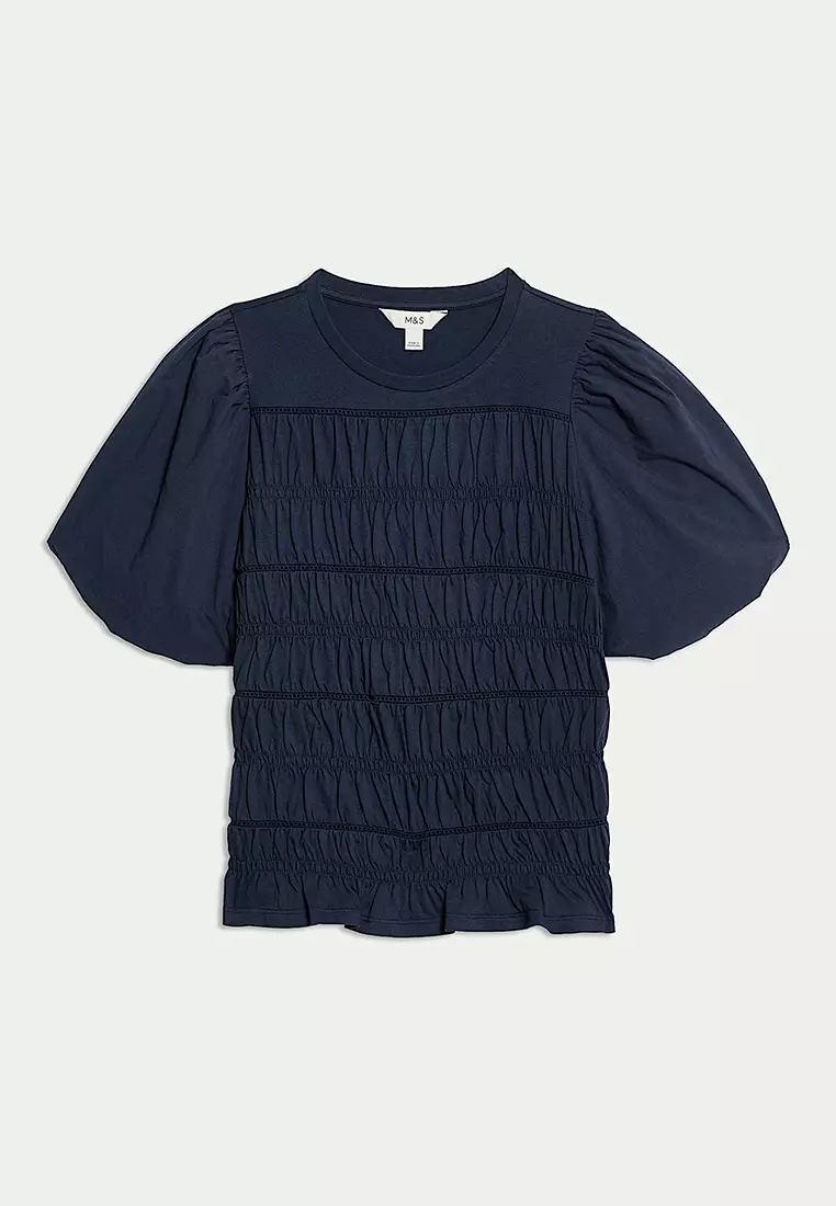 Pure Cotton Jersey Smocked Puff Sleeve Top