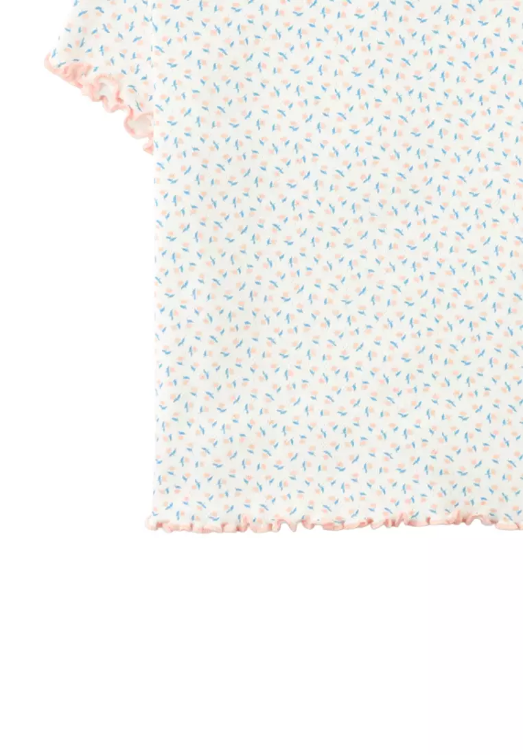 Anya Pointelle Tee with All-Over Floral Print and Satin Bow in Off-White