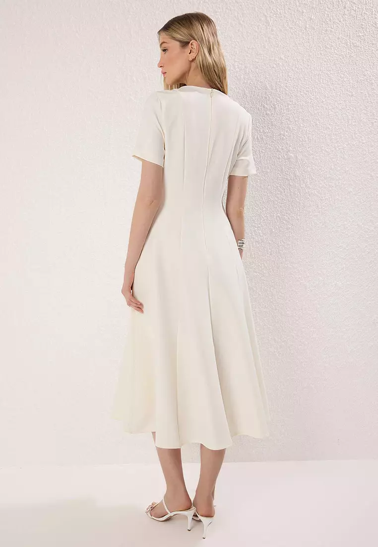 White Skirt Waist Opening Lined Midi Woven Dress Twoss25El00790