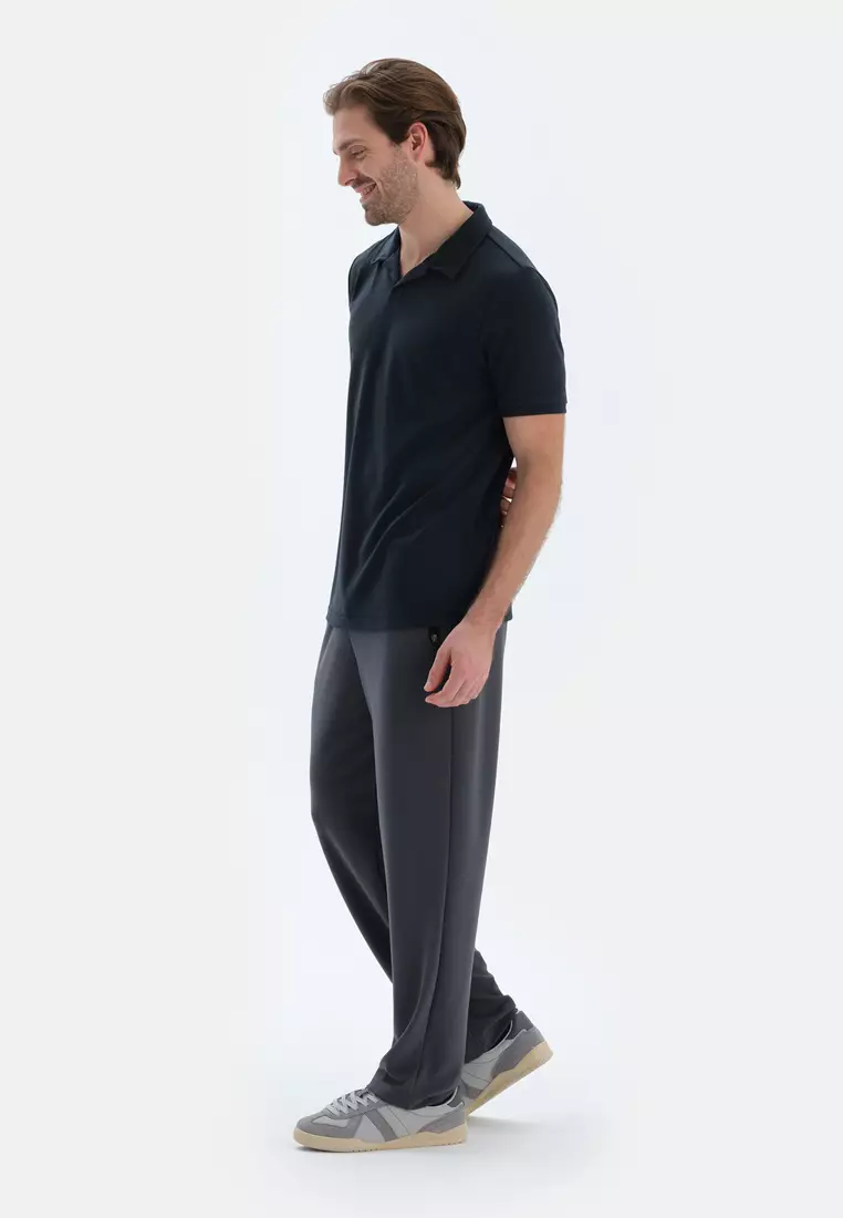 Black T-Shirt, Polo Neck, Regular, Short Sleeve Loungewear for Men