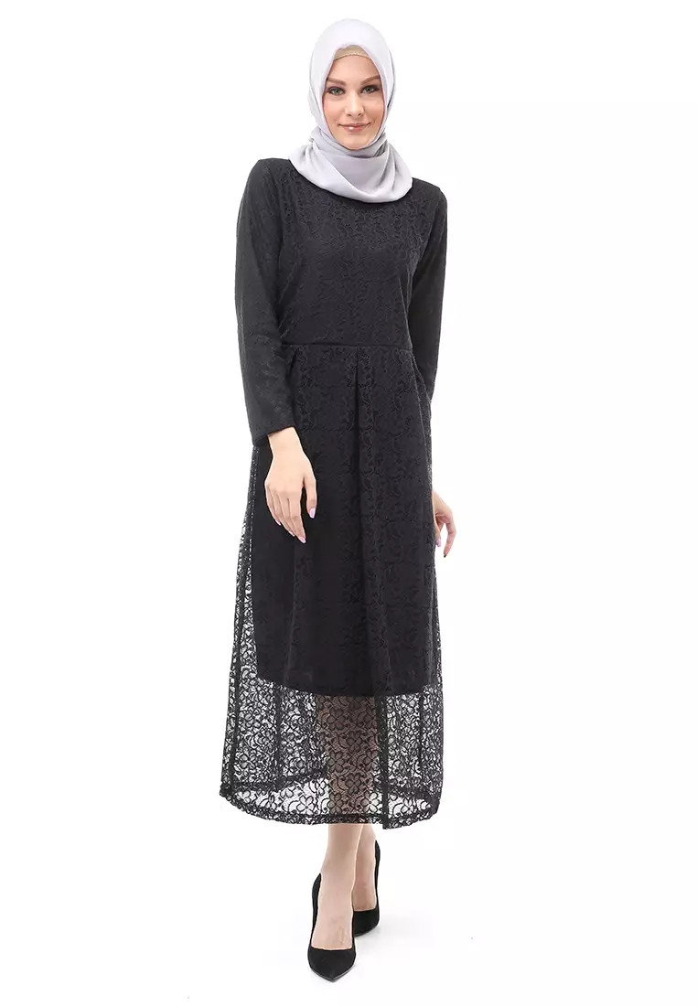 Alveera Gamis Brukat Muslimah Long Dress Regular Fit - Hitam