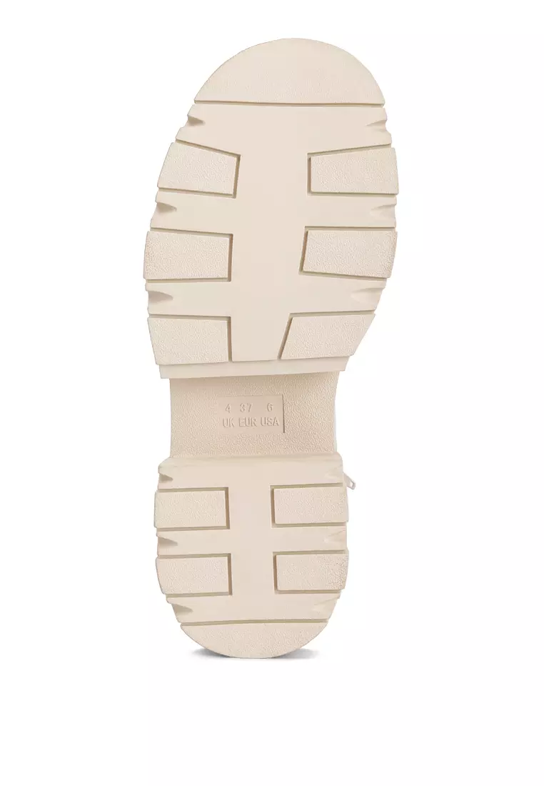 Ecru Faux Leather Combat Chunky Boots