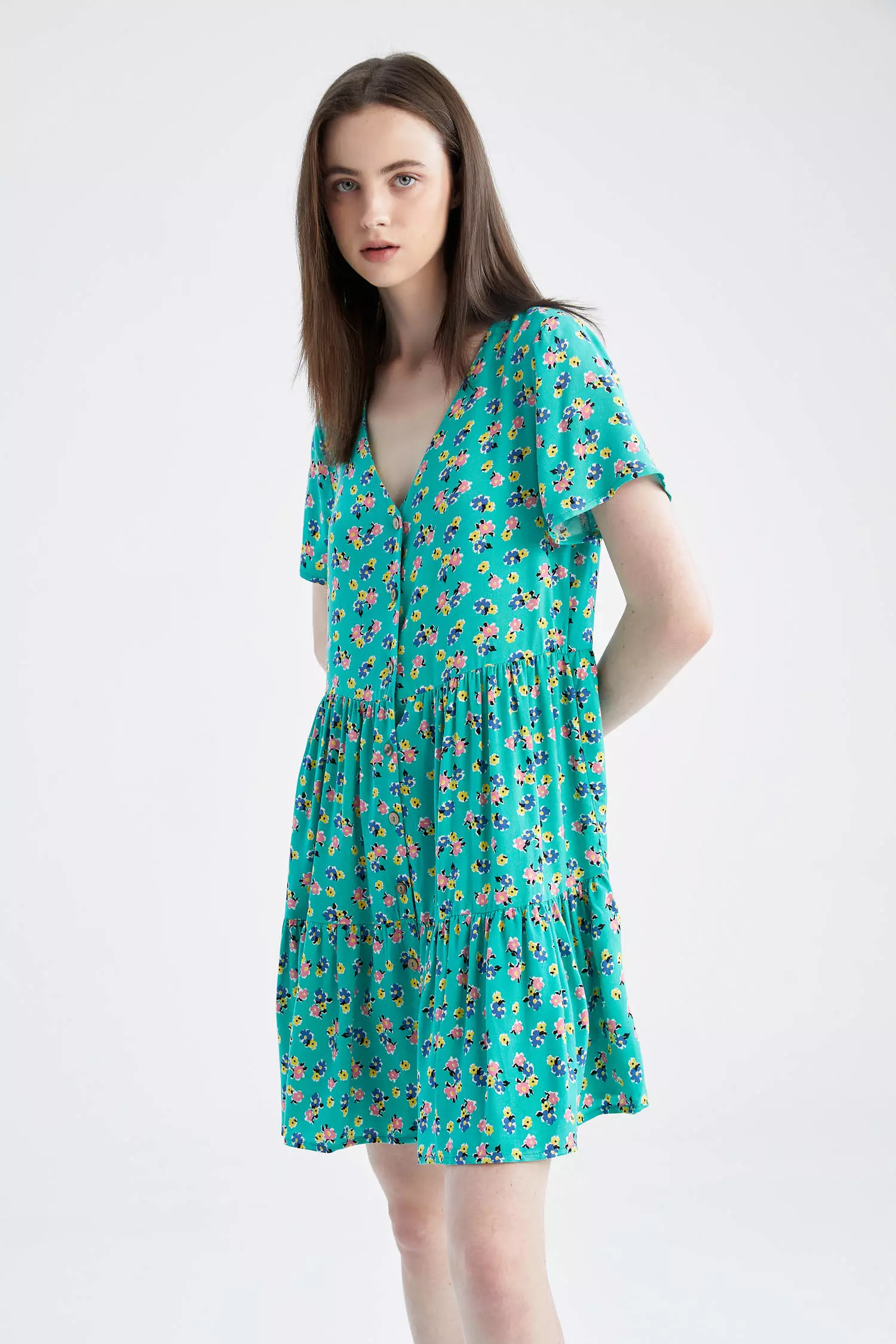 Buy DeFacto Floral Detail Short Sleeve Viscose Mini Dress Online ...