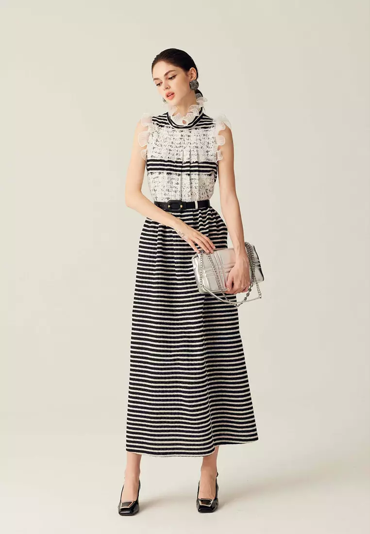iROO Sleeveless Black White Stripe Lace Dress